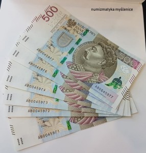 500 zł  2016r 6 SZT. SUPER BANKNOTY SER  AB St. 1 UNC 