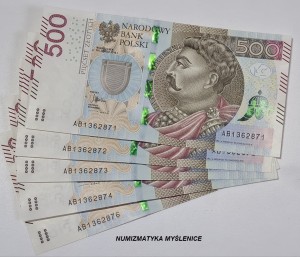 500 zł  2016 r. 5 SZT. SUPER BANKNOTY SER  AB /St. 1 UNC  /