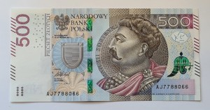 500 zł  2017 r SUPER NUMER  /AJ 7788066 / St. 1 /UNC  