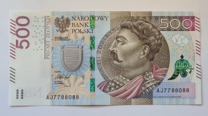 500 zł  2017 r SUPER NUMER / AJ 7788088 /St. 1 /UNC  