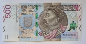 500 zł  2016 r SUPER NUMER  /AD 3888808 / St. 1 /UNC   
